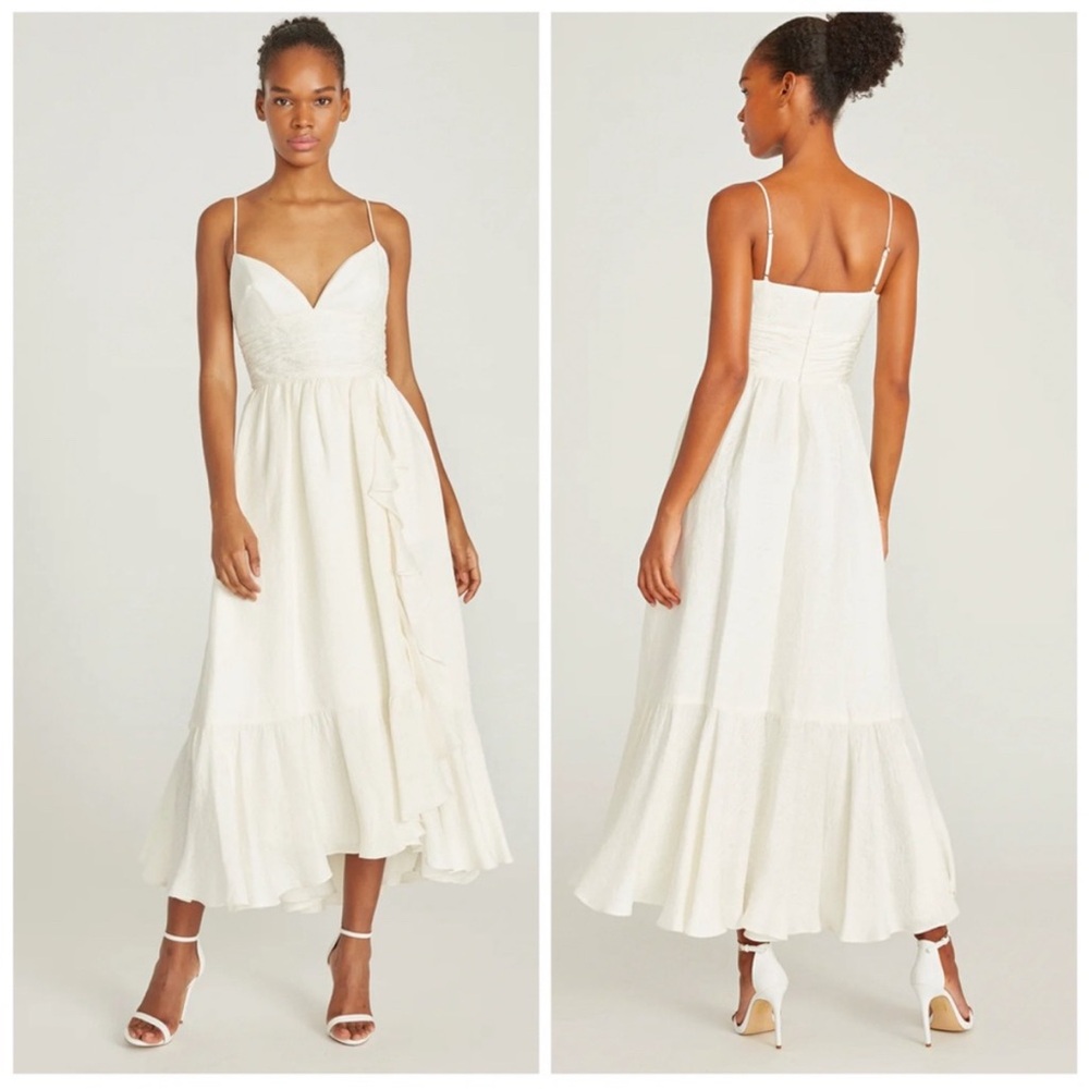 Theia White Jacquard Tiered Ruffle Midi Dress Linen Silk V-Neck 8814954 Size 0